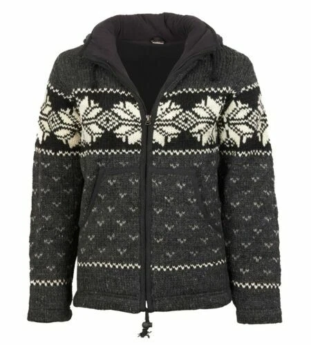 Maglione Cardigan Uomo Lana Disegno Norvegese Con Pile E Lungo Cappuccio a Punta