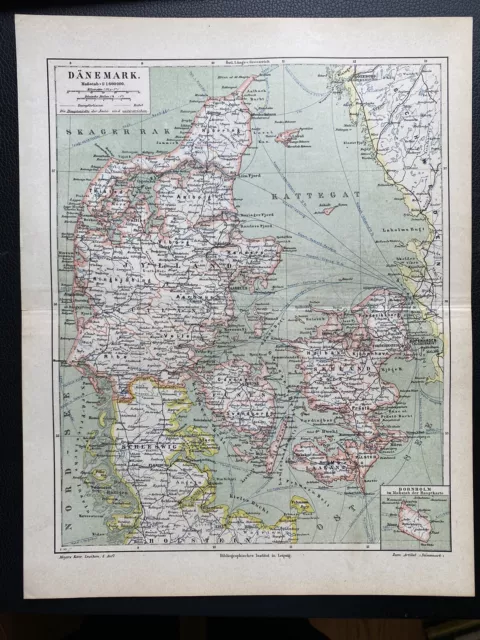 antike historische Landkarte Dänemark ca. 1890 Dansk Denmark