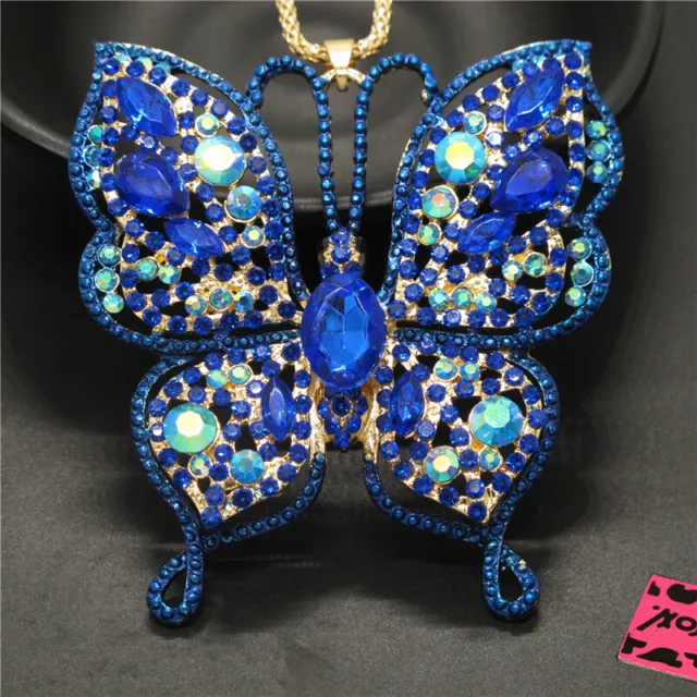 New Betsey Johnson Blue AB Bling Butterfly Crystal Pendant Women Necklace