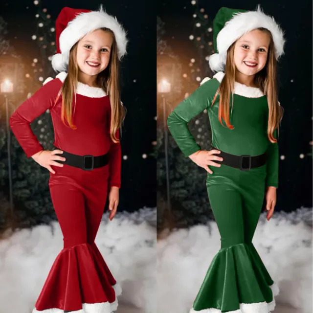 Toddler Girls Christmas Party Long Sleeve Fleece Romper Flare Jumpsuit Hat Set