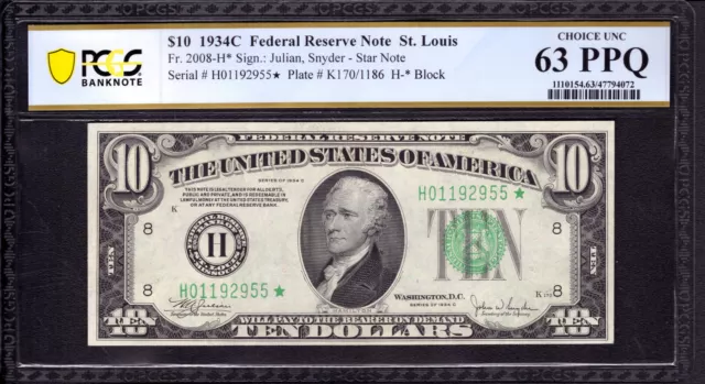 1934 C $10 Federal Reserve Star Note St. Louis Fr.2008-H* Pcgs Choice Unc 63 Ppq
