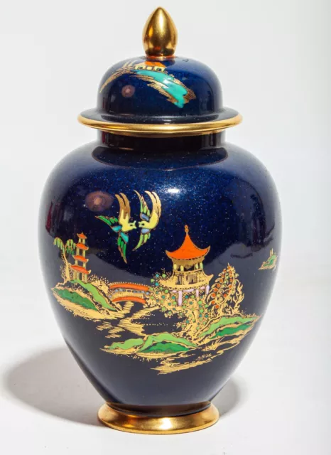 Carlton Ware Blue & Gold Chinoiserie Vase & Cover Pagoda Design! UK Made! 2