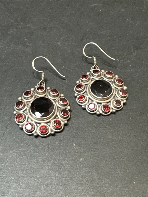 Ancienne Paire De Boucle D’oreille Pendante Argent Massif grenat marguerite