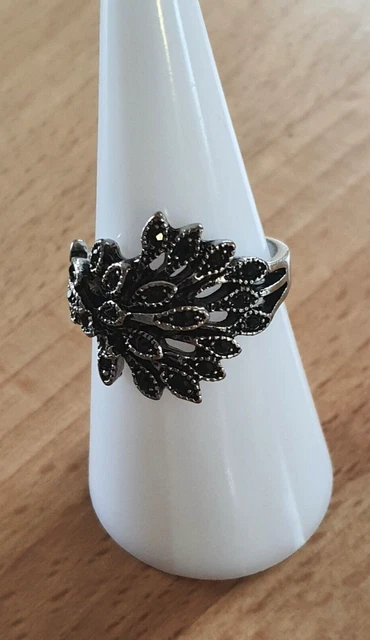 Bague Ancienne En Argent Avec Pierres Noires - Taille 60, Occasion, Style Vintage
