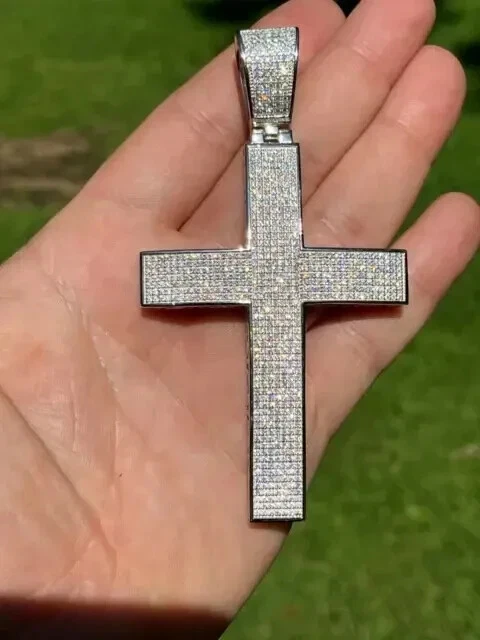 Men's 2.00Ct Round Cut Real Moissanite Cross Pendant White Gold Plated Silver