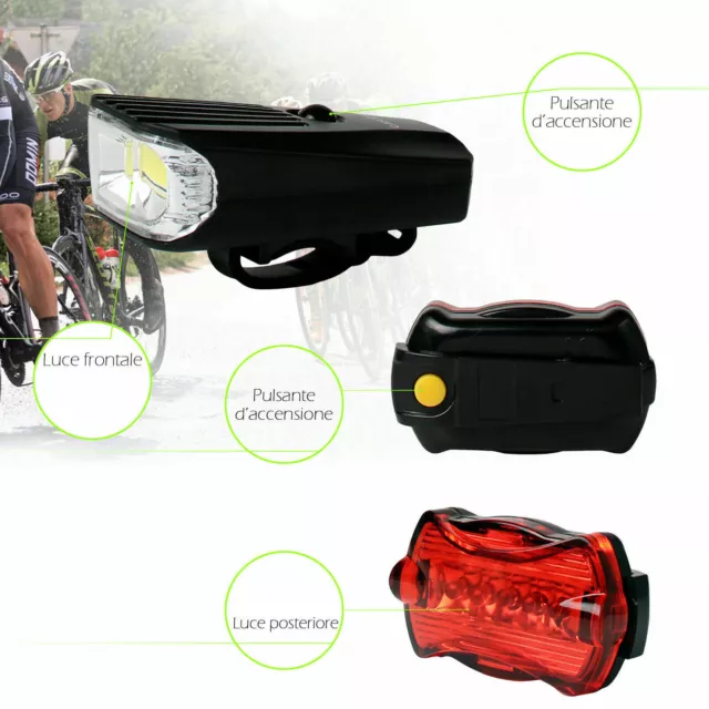 Kit Luci Led Per Bici Faro Bicicletta Stop Luce Posteriore E Led Anteriore Nero