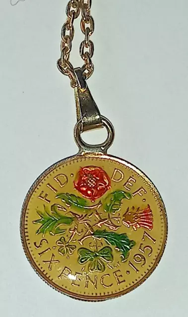 1957 Sixpence - Hand Enamelled Coin Necklace on 22" gold-plated chain