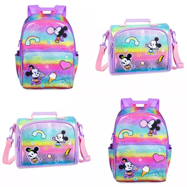 Disney Store Mickey & Minnie Mouse Rainbow Backpack & Lunch Tote School Bag Set