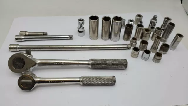 Lot Of 2 S-K Ratchet 1/2" Push Button & 3/8" W/ Sockets & Extensions Made In USA