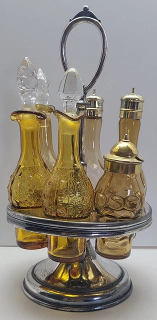 Vintage Victorian 7 pcs Amber Cruet Castor Set Salt Pepper Vinegar Oil Mustard