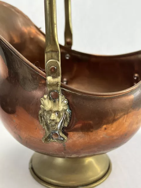 Vintage Copper Coal  Scuttle with Ceramic Delft Handles And Brass Lion Details