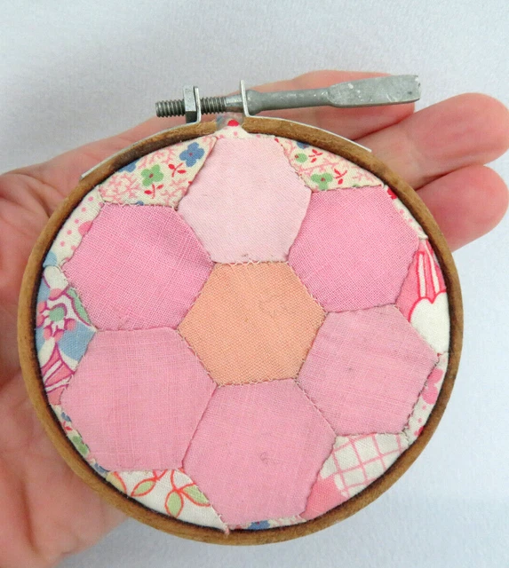 Antique Quilt Scrap in Sewing Hoop ~ Grandmother's Flower Garden