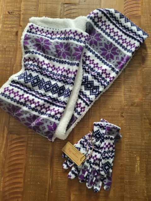 NWT Hooded Scarf and Gloves Set Hood Cowl Fleece Southwest Aztec Purple White