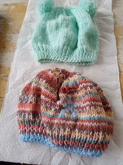 hand knitted baby hats X 2.For Age 6 / 12 Months