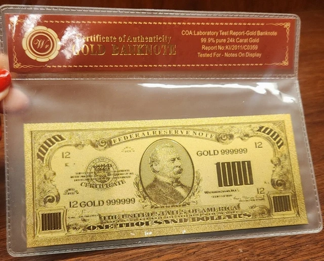 24K Gold  $1000 Dollar Bill Gold Certificate Banknote