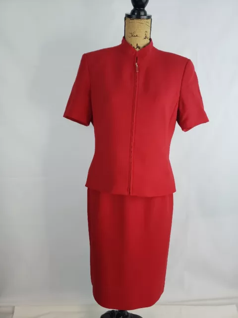 Preston & York Red Stand Up Collar Zip Jacket Skirt Suit 2 Piece size 10 AA382