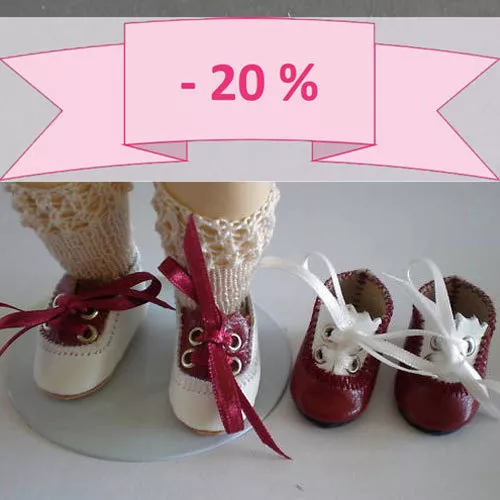 -20% - Lot de 2 CHAUSSURES bicolores en CUIR pour POUPEE BLEUETTE BORDEAUX-BLANC