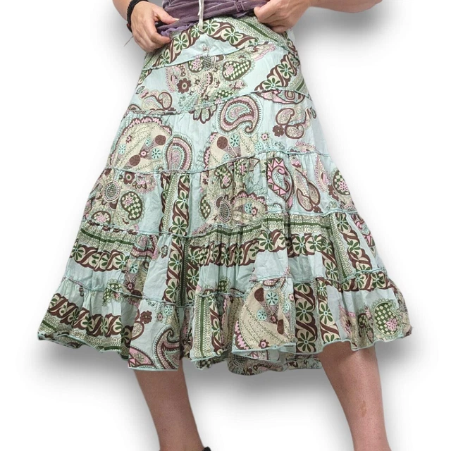 Gonna verde a strati Y2K midi svasata Vintage ruffle prarie paisley...