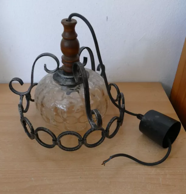 Deckenlampe Hängelampe VINTAGE Schmiedeisen , Holz, Glas 60er 70er Jahre