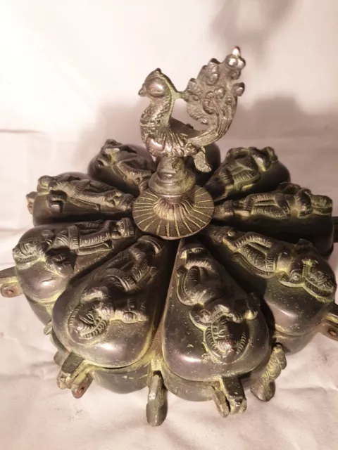 Antique Bronze indian hindu,19/20C, Tikka Spice Kumkum 9 containers With Peacock