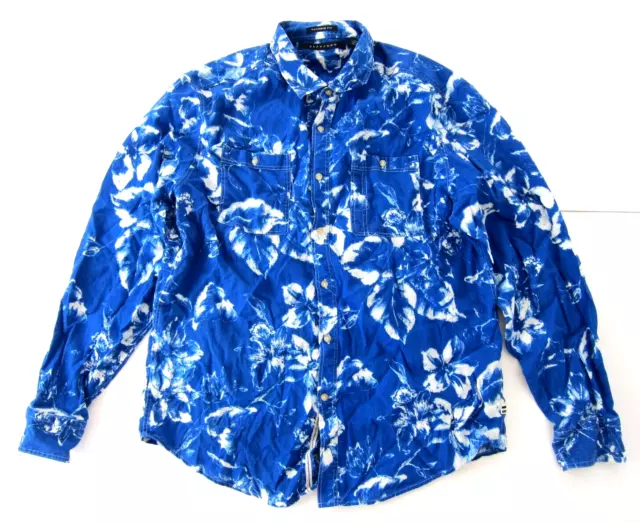 Sean John Linen Blue White Tie Dye Floral Long Sleeve Tailor Fit Shirt Men 3XL