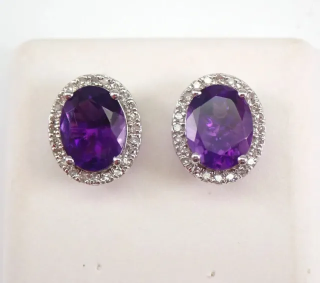 14k White Gold Plated 3Ct Genuine Amethyst Earrings  Purple Gemstone Halo Stud