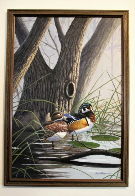 African American MS Artist Jerrie Glasper Oil on Canvas Painting Wood Duck Pair