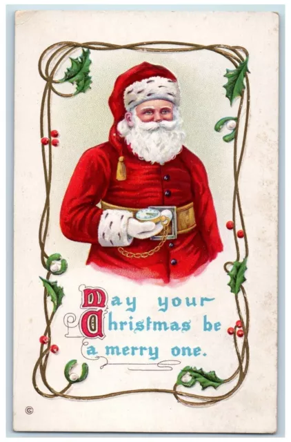 c1910's Merry Christmas Santa Claus Holly Berries Embossed Antique Postcard