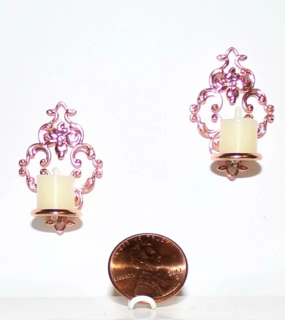 New! 1:12 Ornate Rose Gold Pair Dollhouse Miniature Candle Wall Sconces $59
