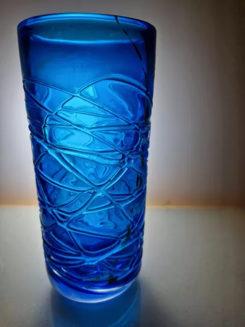 Vintage Mdina Blue Trailed Glass Vase Height 19.5Cm X Width 8Cm Signed