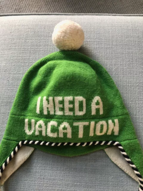 KATE SPADE " I Need a Vacation " Green Wool Knit Hat Ear Flaps Pom Poms Lined 2