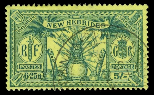 New Hebrides 1925 'Weapons & Idols' 5s (6.25fr) green/yellow VFU. SG 51. Sc 49.