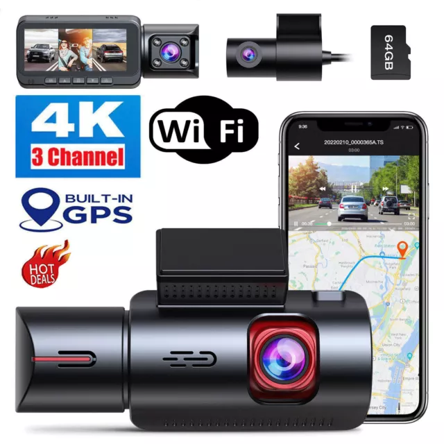 TOGUARD 3 CH Dash Cam 4K Car DVR Built-In WiFi & GPS Front and Rear Dash Camera