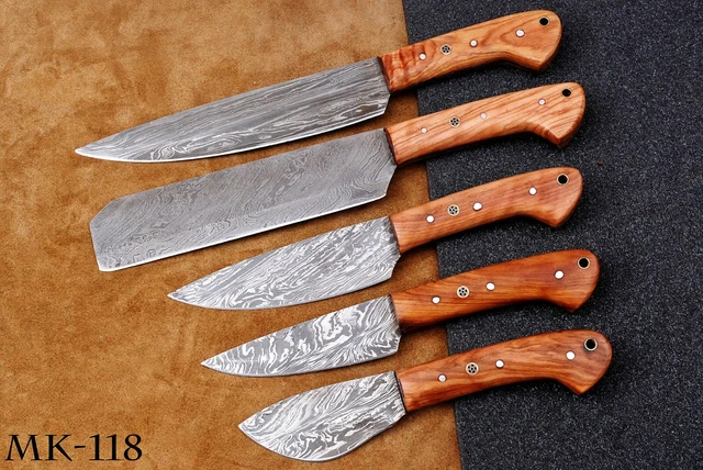 5 Pcs HAND FORGED DAMASCUS STEEL CHEF KNIFE KITCHEN SET Olive Wood HANDLE MK 118