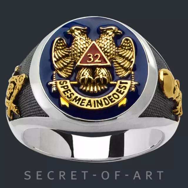 Masonic Ring Freemason AASR Silver 925 Scottish rite 32rd degree 24K-Gold-Plated