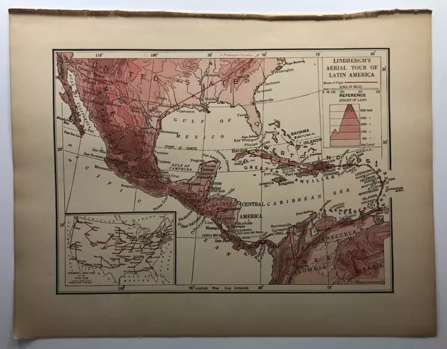 1929 Antique LINDBERGH'S AERIAL TOUR OF LATIN AMERICA Map - Peerless World Atlas