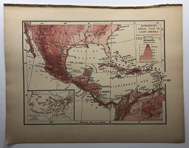 1929 Antique LINDBERGH'S AERIAL TOUR OF LATIN AMERICA Map - Peerless World Atlas