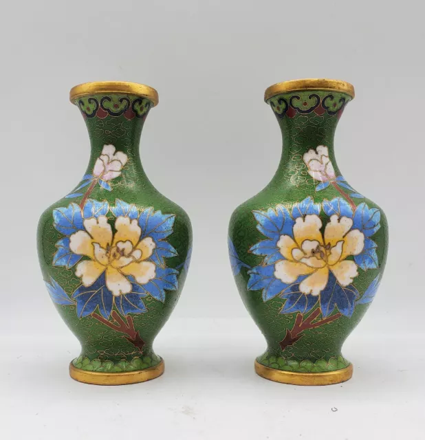 Pair of 2 Vintage Chinese Cloisonne Millefiori Stylized Flowers Brass Vases