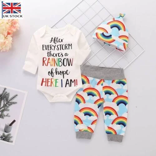 3PCS Newborn Baby Girl Boy Rainbow Romper Jumpsuit Pants Hat Outfits Clothes Set