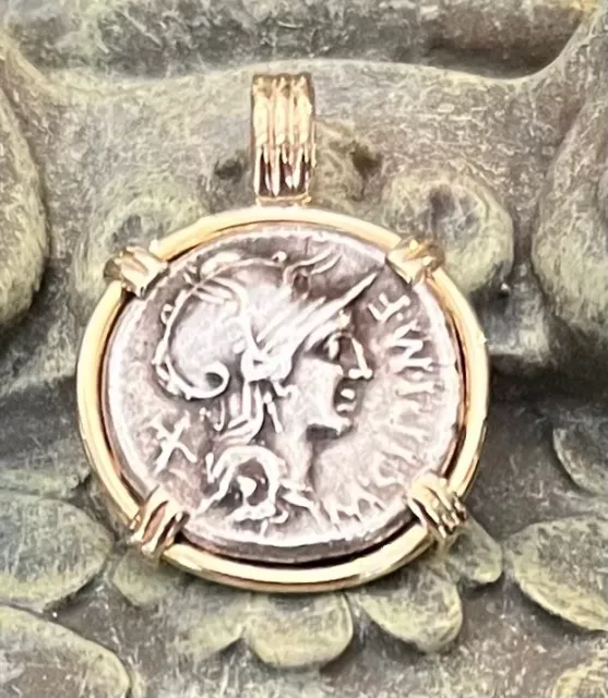 Ancient Roman Republic Coin Denarius 115-114 BC Roma Victory 14K Gold Pendant