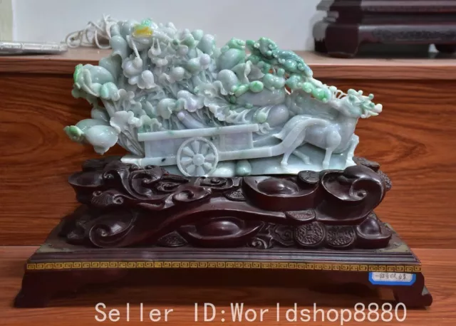 18" Chinese Natural Emerald Jade Jadeite Carved Deer Pulling Cart Flower Statue