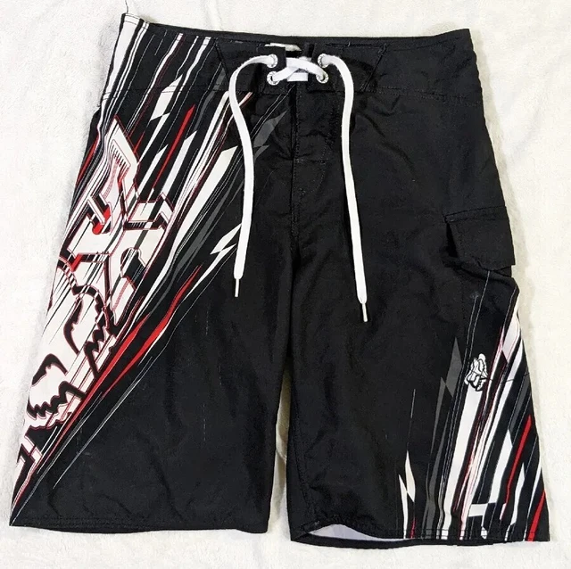 Fox Racing Mens Black Gray Board Shorts Swim Trunks Size 30