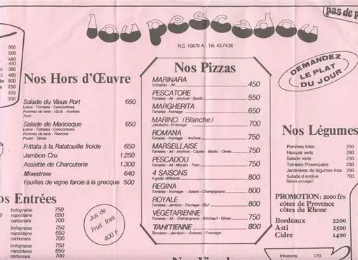 Lou Pescadou Menu Tahiti Pizza Restaurant 1993