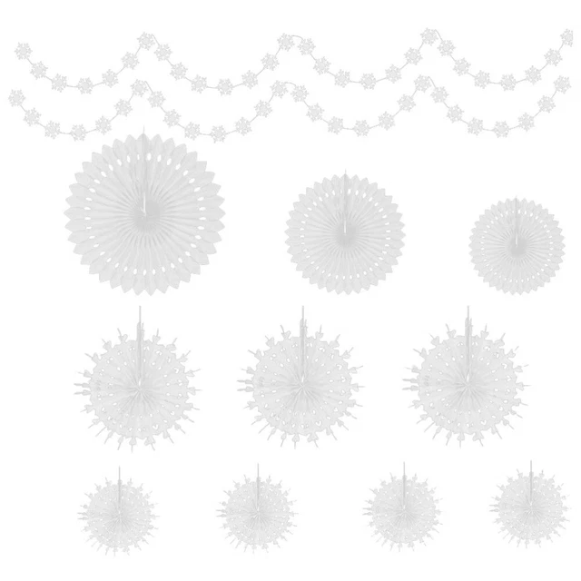 1 juego de decoraciones colgantes de copos de nieve blancos con ventiladores de copo de nieve