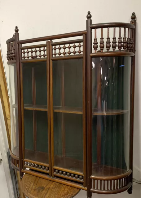 Antique Wood Hanging Wall Mount Stick And Ball Curio Display Cabinet