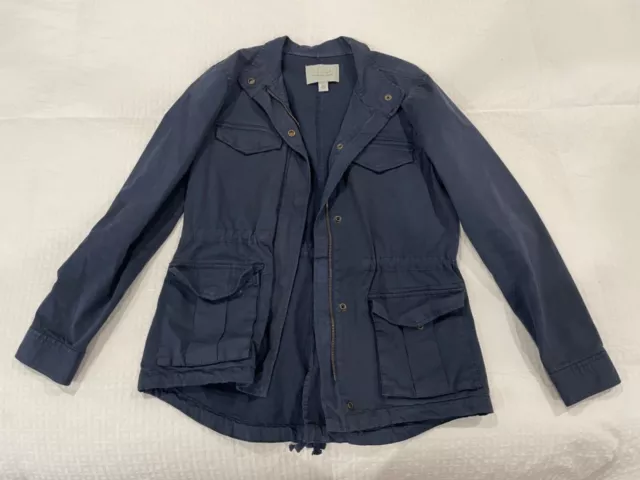 Hinge womens small navy blue button jacket pockets drawstring