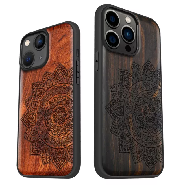 Magnetic Wooden Cases for iPhone 12 13 14 15 Pro Max Plus MagSafe Cover Mandala