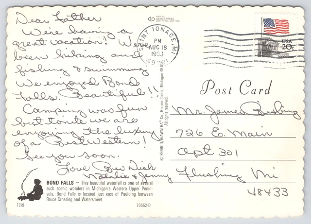 Upper Peninsula Michigan~Bond Falls~Continental Postcard 2