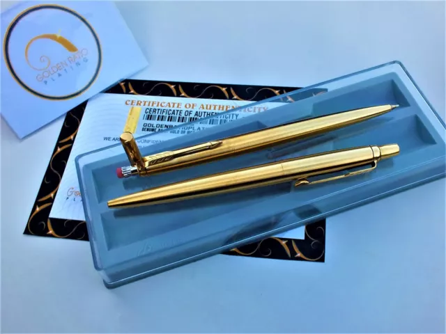 24k Gold Plated Parker Jotter Ball Point Writing Pen and Pencil Set Gift Boxed