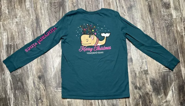 Vineyard Vines Green Long Sleeve Christmas Reindeer Whale Pocket Tee Kids Large